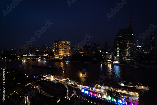 panoramic view over the Bangkok skyline from the ICONSIAM mall at night