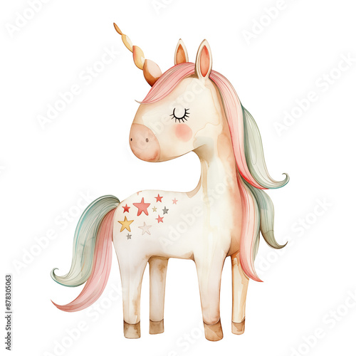Cute unicorn with stars isolated on a white transparent background. Watercolor illustration. Fairytale magic clip art.