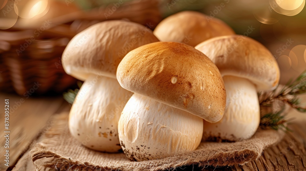 Close-Up of Fresh, Edible Mushrooms on a Rustic Wooden Table Close-Up of Fresh, Edible Mushrooms on a Rustic Wooden Table