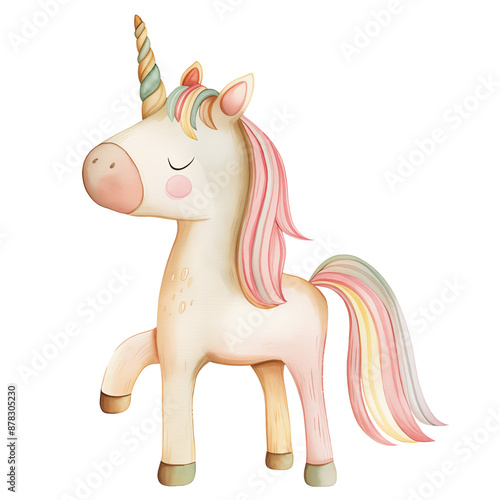 Cute unicorn with stars isolated on a white transparent background. Watercolor illustration. Fairytale magic clip art.