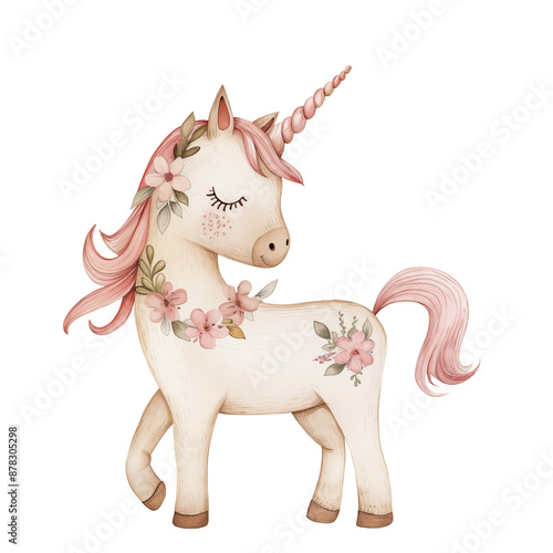 Cute unicorn with stars isolated on a white transparent background. Watercolor illustration. Fairytale magic clip art.
