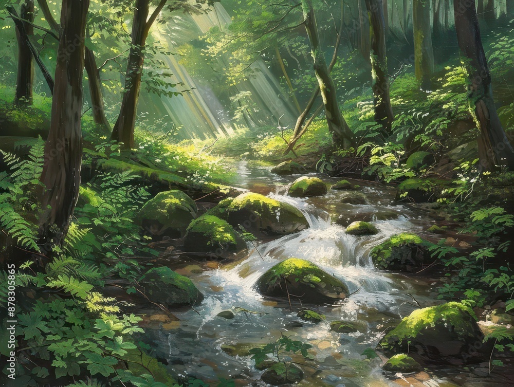 enchanted forest stream sunlit brook winding through lush green woodland mossy rocks dappled light overhanging ferns crystalclear water magical atmosphere natures tranquility enchanted forest stream sunlit brook winding through lush green woodland mossy rocks dappled light overhanging ferns crystalclear water magical atmosphere natures tranquility