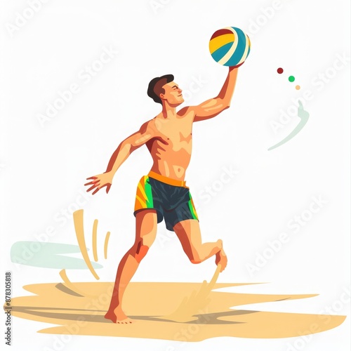 Energetic Man Enjoying a Game of Beach Volleyball - Isolated on White Background