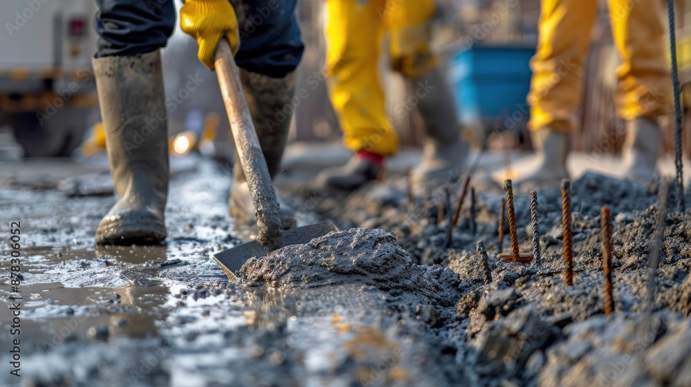 Construction Worker Spreading Concrete With Trowel Construction Worker Spreading Concrete With Trowel