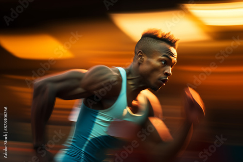 Blurry sports background of male athlete sprinting during sunset photo