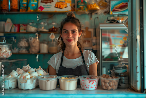 Jeune femme travaillant dans un magasin de crème glaces avec un tablier derrière son comptoir photo