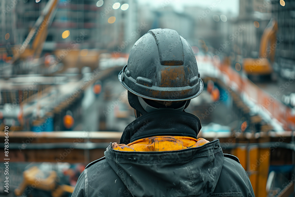 Ouvrier de dos devant un chantier - chef de chantier avec son casque de dos devant une construction