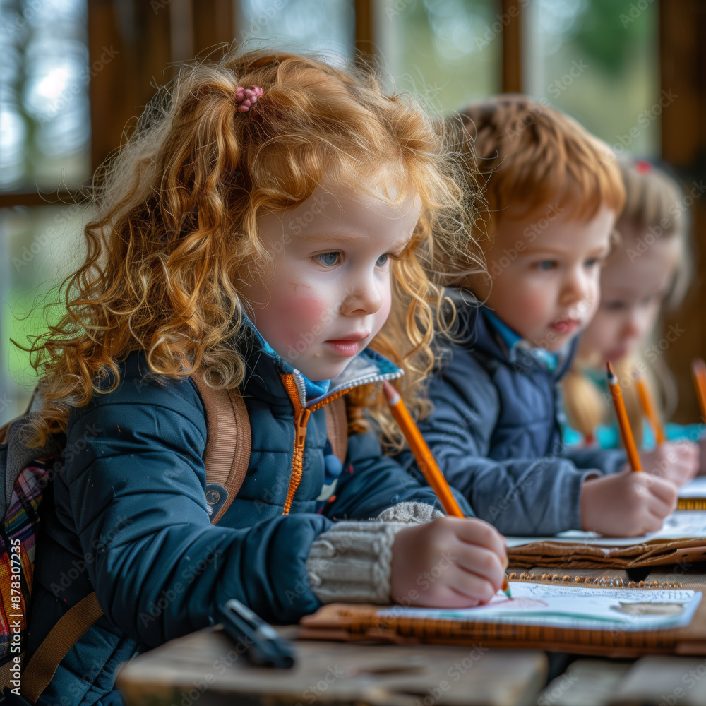 Curly-Haired Children Writing in Outdoor Classroom Curly-Haired Children Writing in Outdoor Classroom