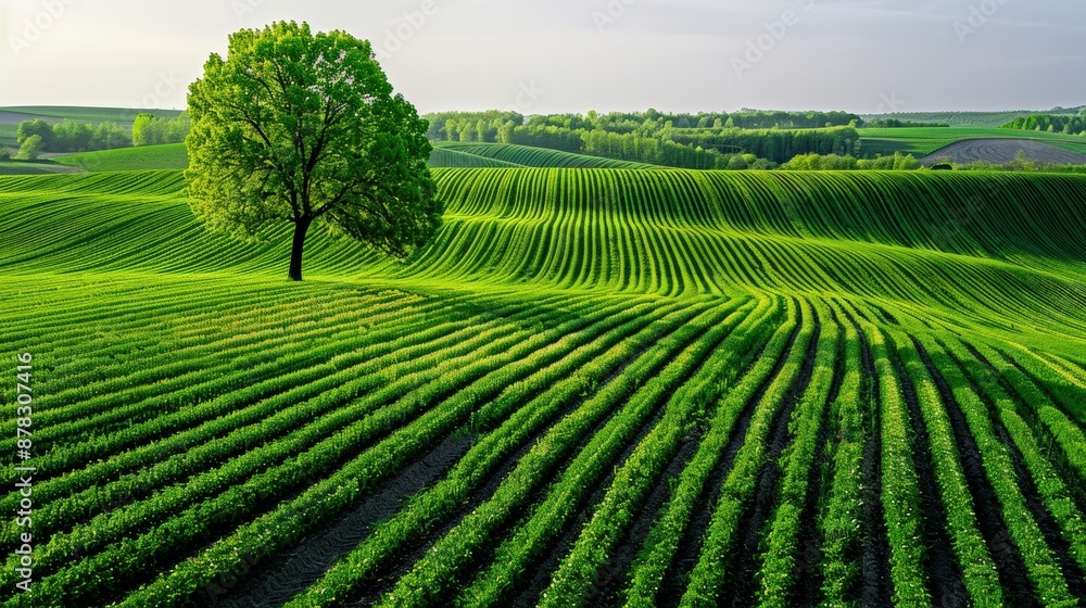 Lush Green Rolling Hills with a Single Tree in a Field of Green Lush Green Rolling Hills with a Single Tree in a Field of Green