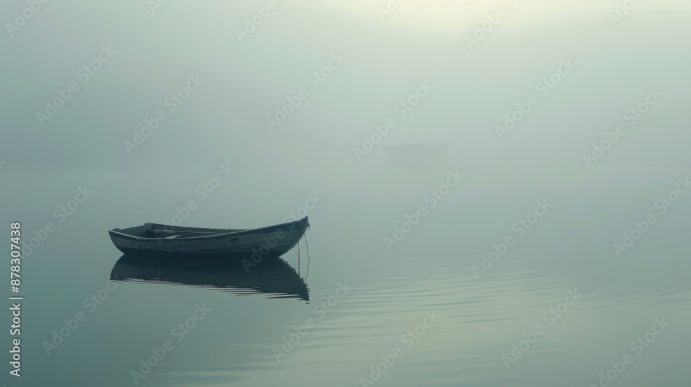 A solitary boat floats on a calm lake shrouded in dense morning fog, creating a serene and mystical atmosphere. A solitary boat floats on a calm lake shrouded in dense morning fog, creating a serene and mystical atmosphere.