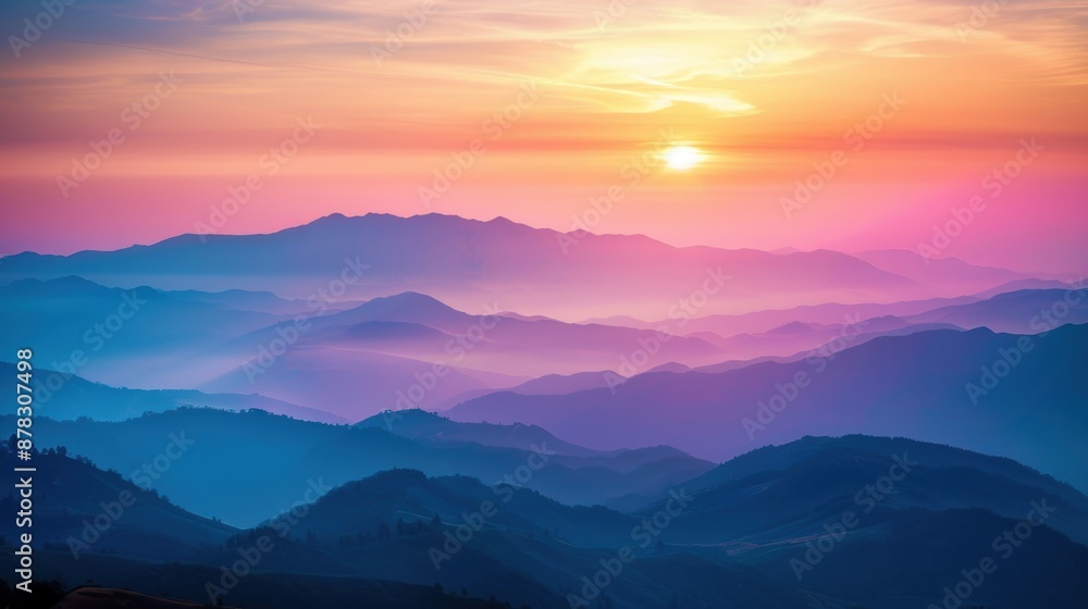 A stunning sunrise over misty mountains, with layers of colorful hues creating a breathtaking and serene landscape. A stunning sunrise over misty mountains, with layers of colorful hues creating a breathtaking and serene landscape.
