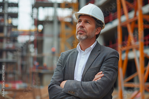 Homme en costume avec un casque sur un chantier - chef de chantier ou ingénieur