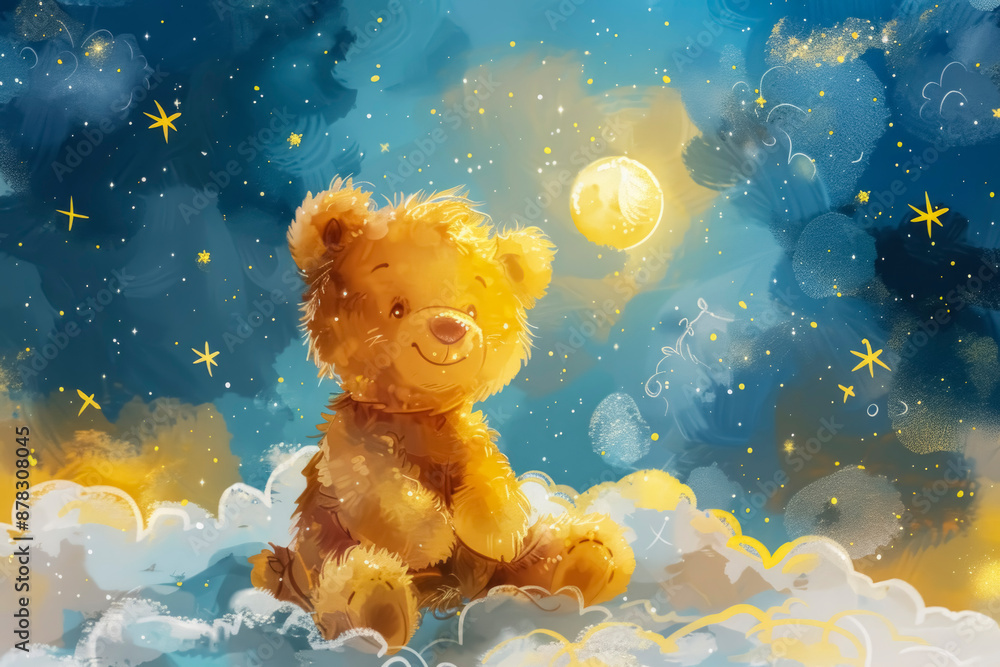 cute little bear sits under the moon surrounded by fluffy clouds and stars. children's watercolor illustration. cute little bear sits under the moon surrounded by fluffy clouds and stars. children's watercolor illustration.