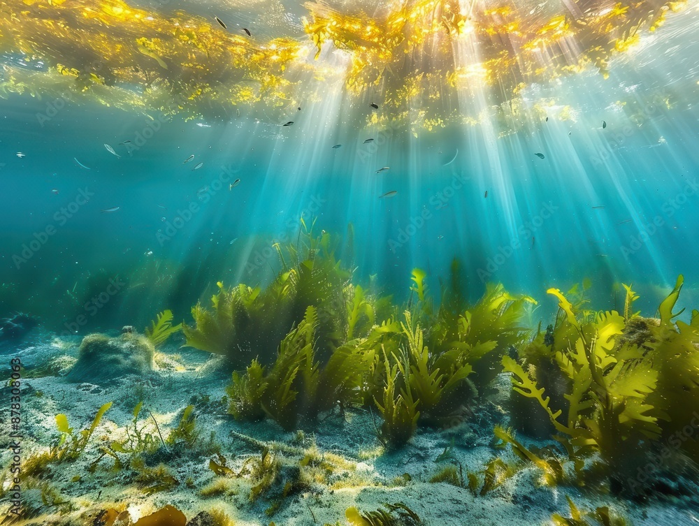 Fototapeta premium ethereal underwater seascape bathed in dappled sunlight vibrant seaweed forests sway gently in crystalclear turquoise waters schools of fish dart through golden light beams