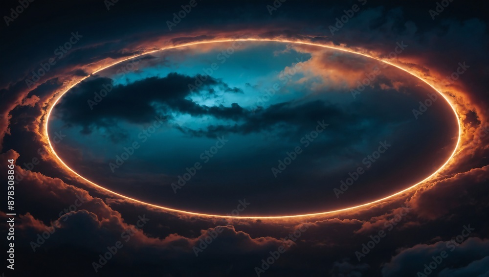 Abstract background with glowing neon circle in the night sky and clouds
Abstract background with glowing neon circle in the night sky and clouds