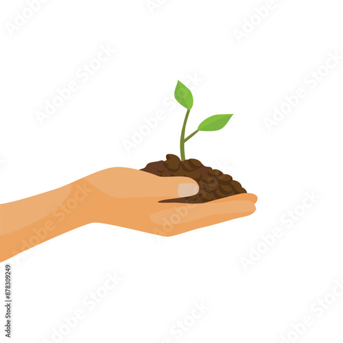 hand holding seedling of young plant tree in the soil