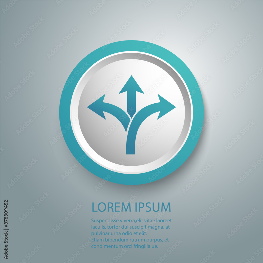 Three way direction arrow in flat style. Vector illustration. Road direction icon isolated Three way direction arrow in flat style. Vector illustration. Road direction icon isolated