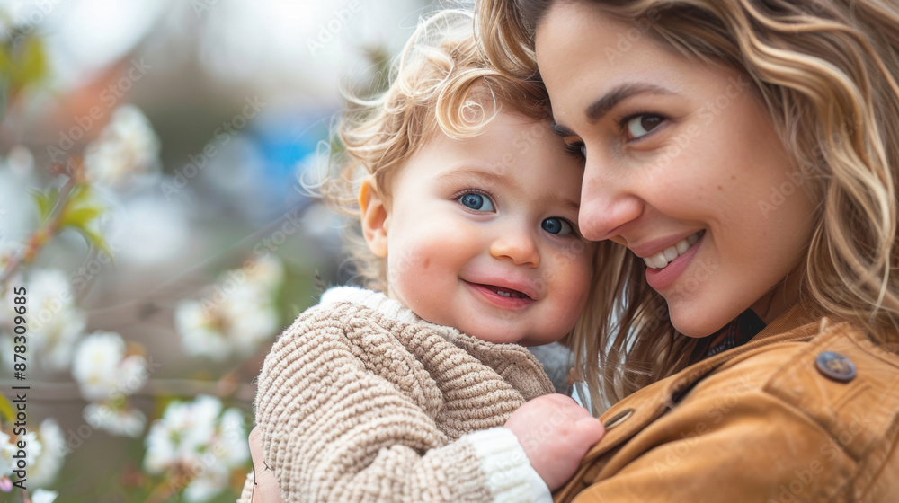 Obraz premium A joyful mother holding her smiling baby outside among blooming flowers, capturing a tender and loving moment.