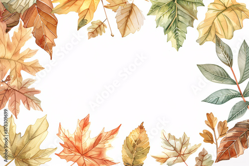Watercolor illustration of autumn leaves creating a border on a white background