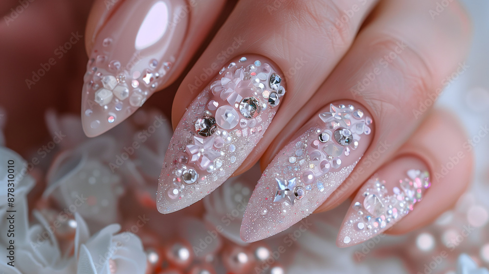 Glittery manicured nails, hand close-up Glittery manicured nails, hand close-up