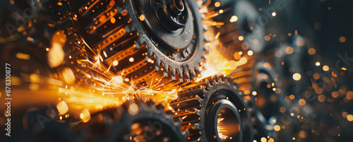 Closeup of interlocking metal gears with sparks photo