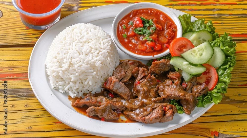 Beef Stew with Rice, Salad, and Tomato Sauce Beef Stew with Rice, Salad, and Tomato Sauce