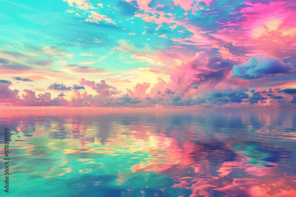 Fototapeta premium Sunset sky with vibrant colorful clouds over calm sea with reflections in water. Minimalistic nature landscape