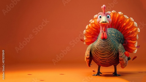 Happy Thanksgiving. Cute funny character Thanksgiving turkey holding sweet pie isolated on yellow background.Festive banner, greeting card, copy space.