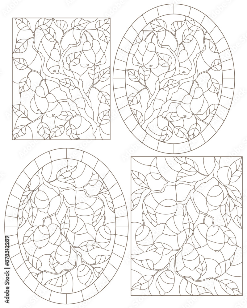 Obraz premium Set contour illustrations of stained glass, the branch of a lemon tree and a pear tree with ripe fruits