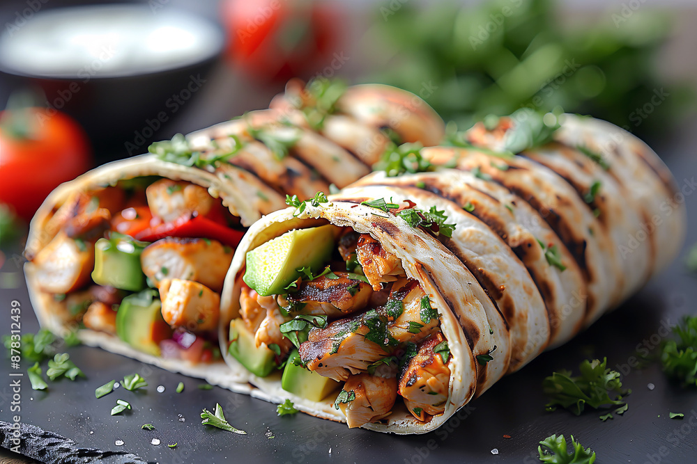 Avocado Wraps: Tortillas wrapped around sliced avocado, grilled chicken, veggies, and sauce or dressing. Avocado Wraps: Tortillas wrapped around sliced avocado, grilled chicken, veggies, and sauce or dressing.