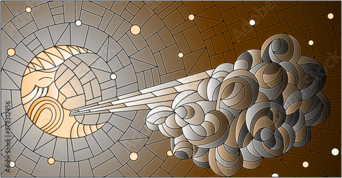 A stained glass illustration with a moon and a cloud on the background of a starry night sky, tone brown