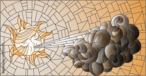 An illustration in the style of a stained glass window with the sun and a cloud on a sky background, tone brown
