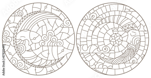 Set of contour illustrations of stained glass Windows with the moon and sky, dark contours on white background