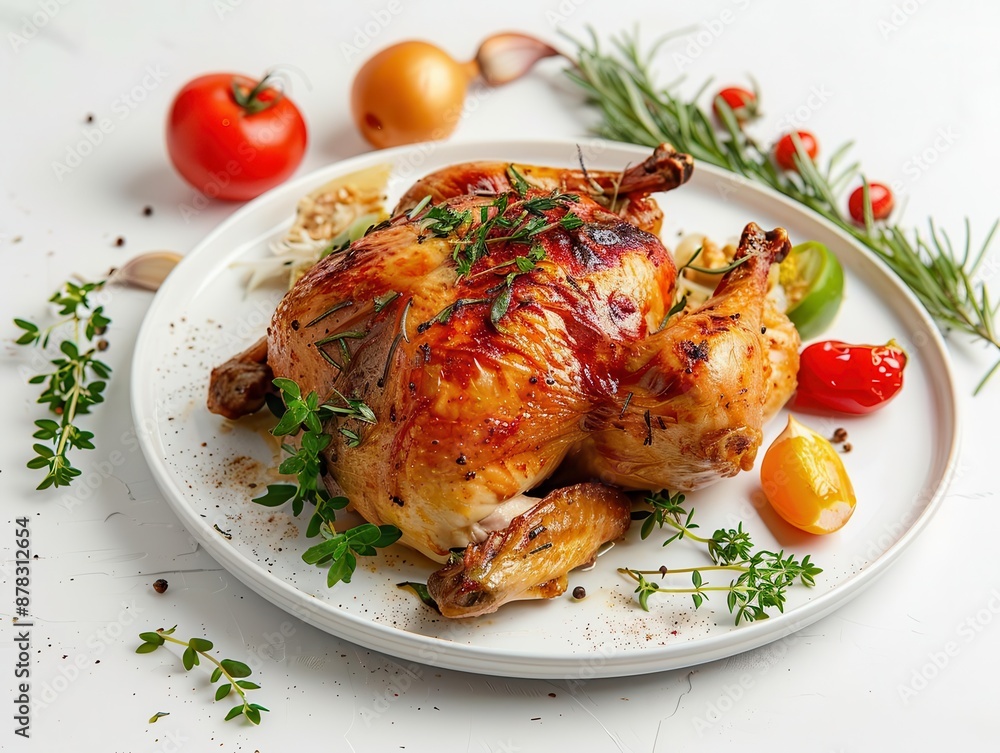 gourmet roasted chicken on an elegant white plate perfectly garnished with fresh herbs and vegetables set against a clean white background for maximum visual impact gourmet roasted chicken on an elegant white plate perfectly garnished with fresh herbs and vegetables set against a clean white background for maximum visual impact