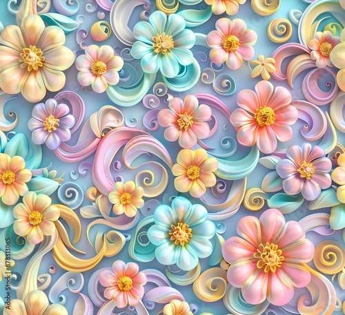 Obraz na płótnie 3D render plasticine seamless pattern of vintage retro background with swirls and flowers, pastel colors, w salonie