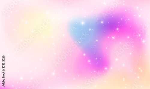 Pink pastel unicorn holographic background. Girlie universe banner in princess colors. Princess hologram. Holographic unicorn background with fairy sparkles. Fantasy cute girl party invitation. Vector