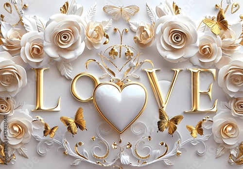 Fototapeta Naklejka Na Ścianę i Meble -  3d wall mural with white background and gold roses, butterflies, heart shape,