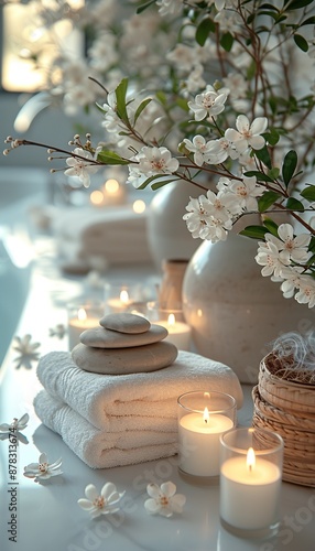 Vertical image, Meditation equipment, relaxation center, Thai massage, balancing on a stone, towel roller, flowers, candles and water for relaxation
