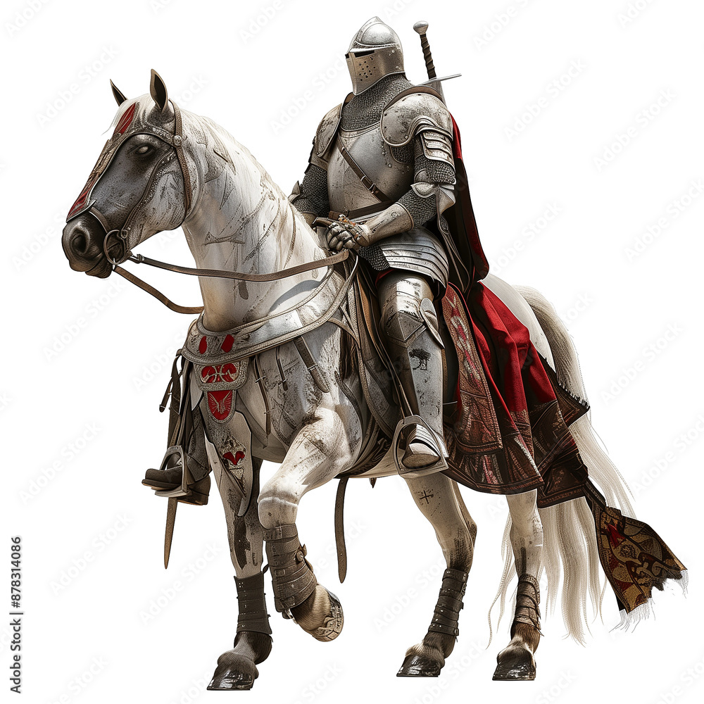 A medieval knight in full armor riding a majestic white horse, with intricate details on both the knight's armor and the horse's barding. A medieval knight in full armor riding a majestic white horse, with intricate details on both the knight's armor and the horse's barding.