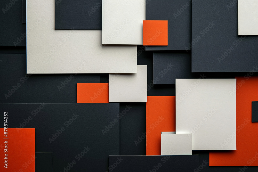 Abstract arrangement of black white and orange geometric shapes creating a modern minimalist pattern Abstract arrangement of black white and orange geometric shapes creating a modern minimalist pattern