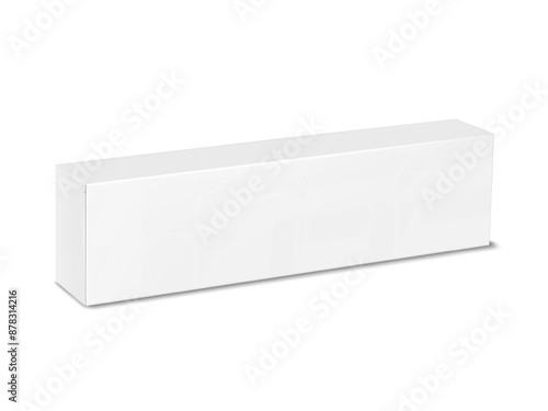 White blank long flat pack paperboard box. Realistic 3d vector mock-up. Isolated cardboard box for toothpaste or cream tube. Mockup. Carton packaging. Template for design