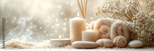 Meditation equipment, relaxation center, Thai massage, balancing on a stone, towel roller, flowers, candles and water for relaxation
