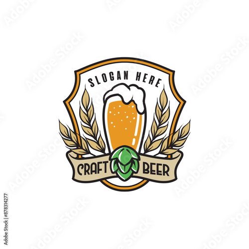 Craft Beer Logo with Pint, Wheat, and Hop Cone