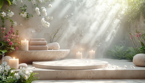 Stone podium, Meditation supplies, relaxation center, Thai massage, balancing on a stone, towel roller, flowers, candles and water for relaxation