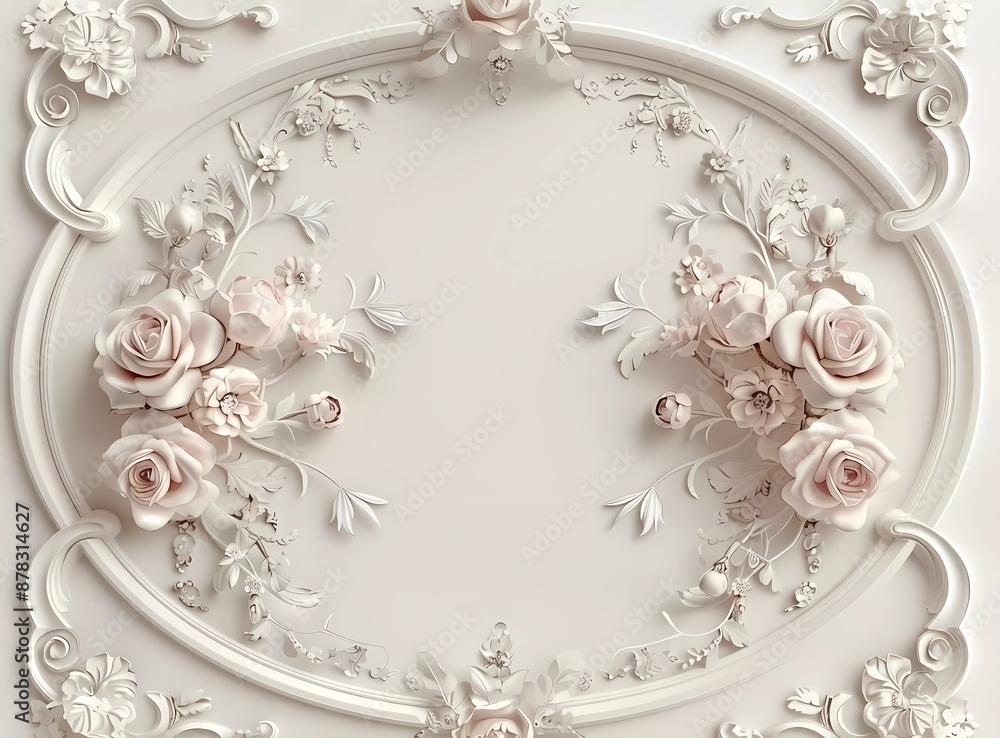 3D wallpaper with oval frame, roses and lace pattern on vintage background 3D wallpaper with oval frame, roses and lace pattern on vintage background