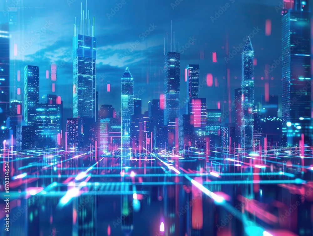 Fototapeta premium innovative business strategy visualized as a glowing blueprint floating above a bustling cityscape holographic data streams futuristic ui elements dynamic light trails connecting skyscrapers