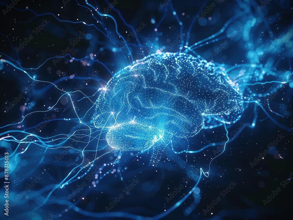 intricate network of glowing neurons forming a human brain shape pulsing with electric blue energy against a dark backdrop intricate network of glowing neurons forming a human brain shape pulsing with electric blue energy against a dark backdrop