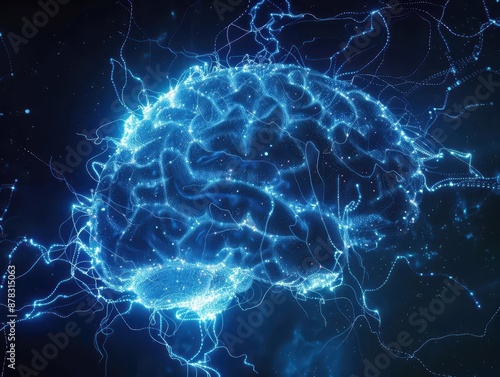 intricate network of glowing neurons forming a human brain shape pulsing with electric blue energy against a dark backdrop