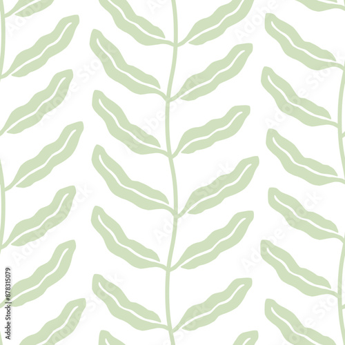 Green leaves vine lines seamless pattern. Wavy branch lines with tropical palm or seaweed leaves cutout botanical print.