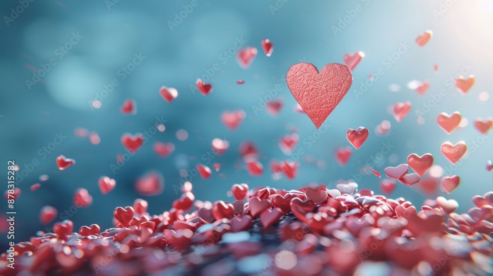 Multiple red hearts floating against a blue background, symbolizing love and romance, creating a whimsical and dreamy scene. Multiple red hearts floating against a blue background, symbolizing love and romance, creating a whimsical and dreamy scene.